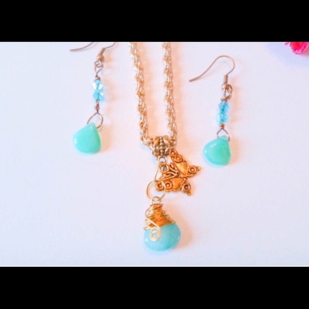 Aqua Czech Glass pendant butterfly necklace set